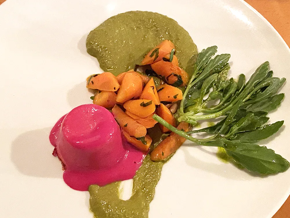 Beet sformatino with carrot top pesto and sea rocket