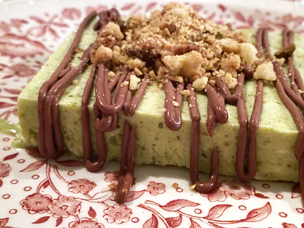 Pistachio semifreddo with Chequessett Chocolate ganache and biscotti crumble