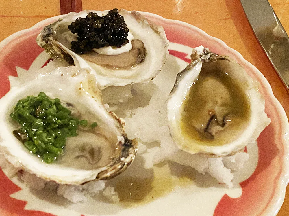 Lucky Lip Oysters three ways — caviar, seabean mignonette, hotsauce