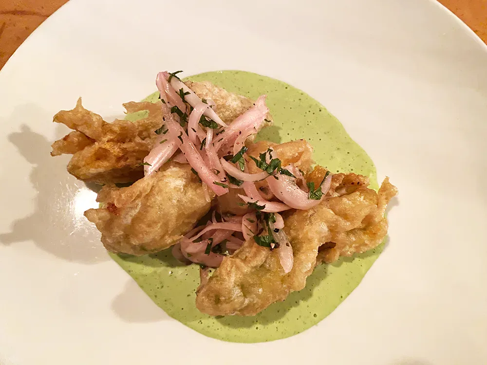 Fried squash blossoms with house made mozzarella and bagna cauda