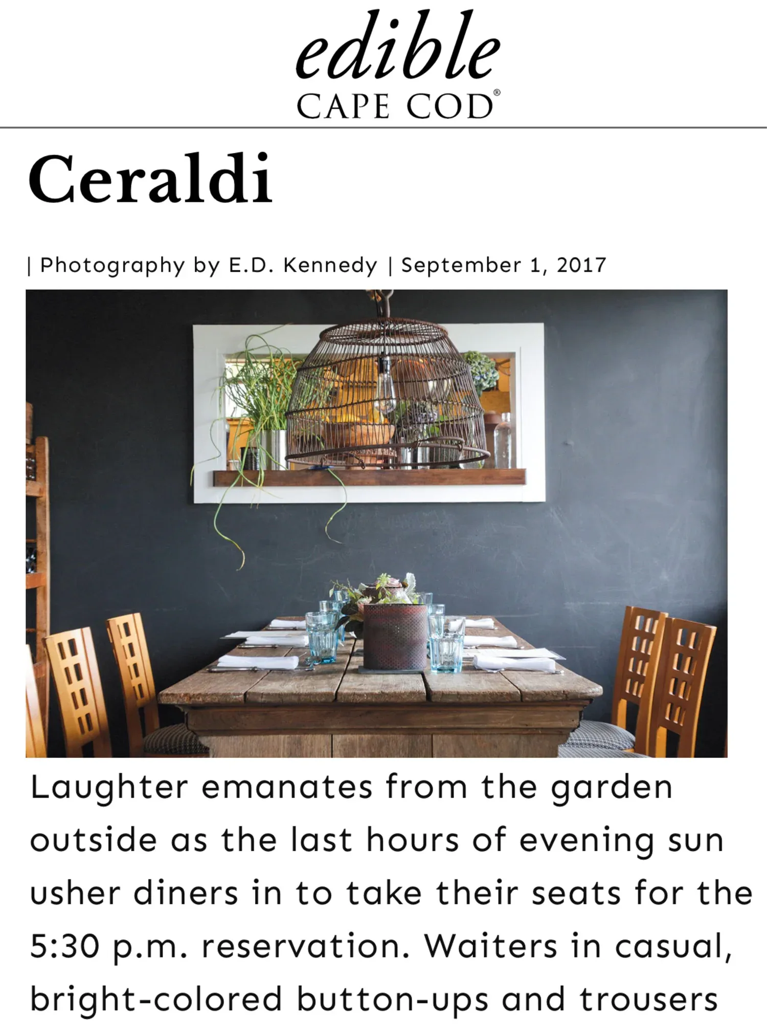 CERALDi dining room — intimate waterfront space, as featured in Edible Cape Cod
