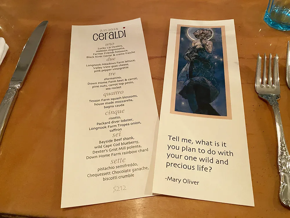 A CERALDi evening menu card — seven courses on the table