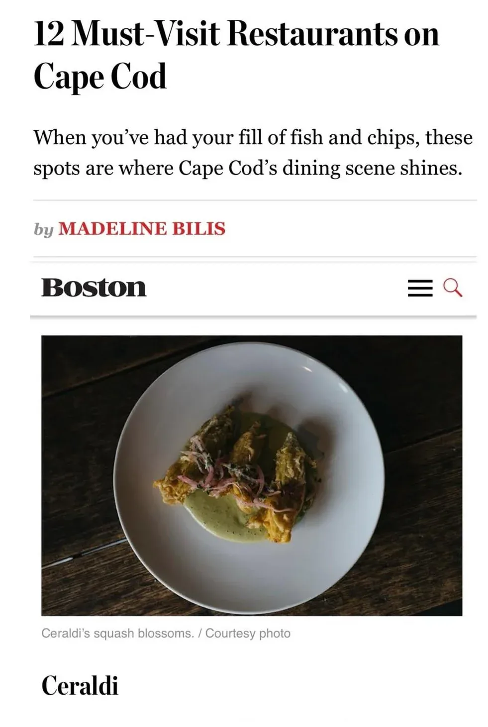 Boston Magazine — 12 Must-Visit Restaurants on Cape Cod