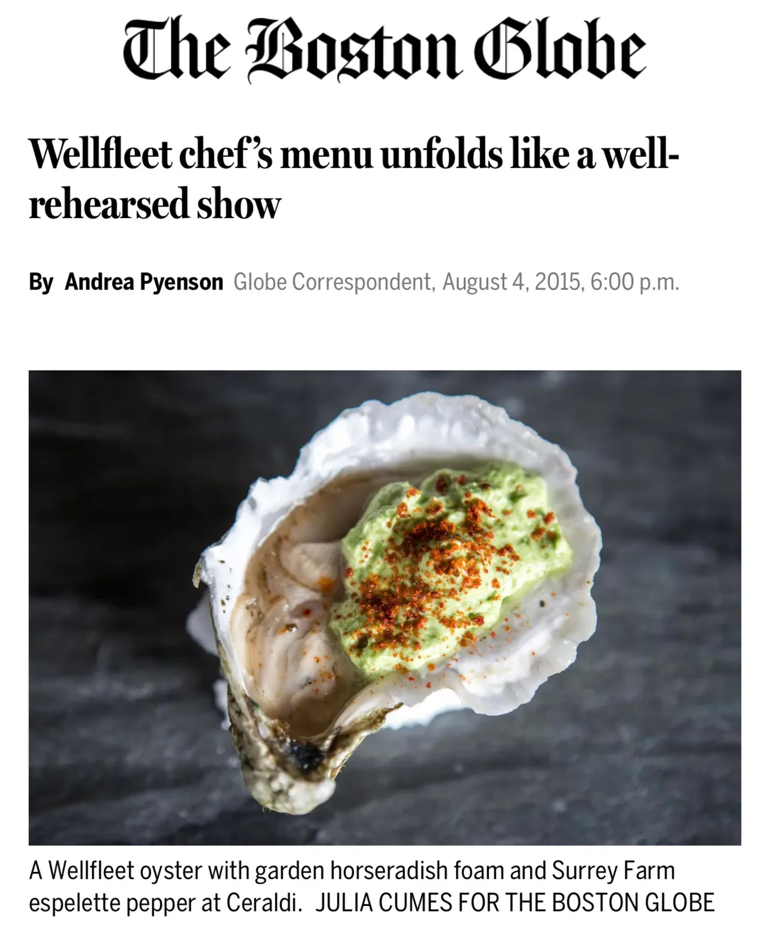 The Boston Globe — Wellfleet chef's menu unfolds like a well-rehearsed show
