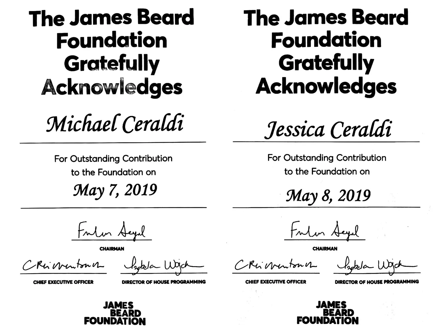 James Beard Foundation — Outstanding Contribution, Michael & Jessica Ceraldi, 2019